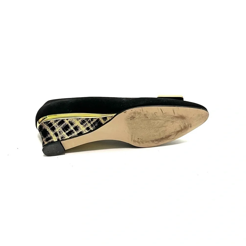 Vintage 1970s black suede oversize buckle gold painted wedge heels
